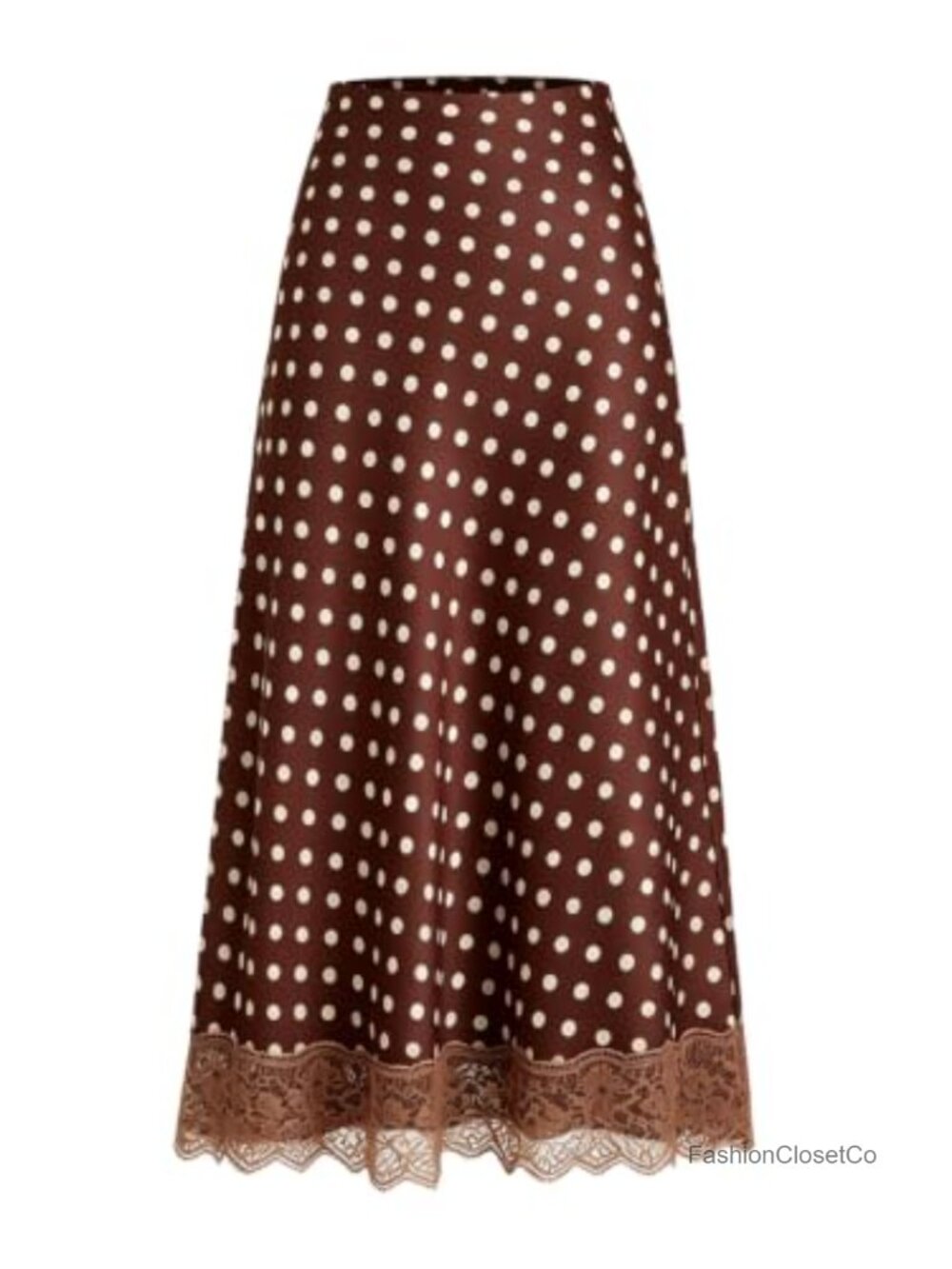 Satin Polka Dots High Waisted Ruffle Midi Skirt Flowy A-Line